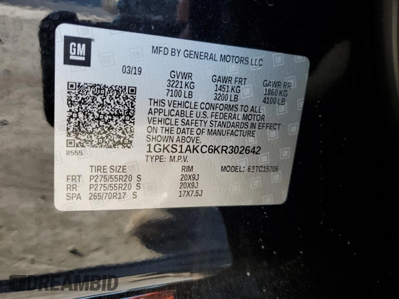 2019 GMC Yukon SLE with VIN 1GKS1AKC6KR302642, listed as a Copart auction lot 41510715 with 97,906 mi miles and Salvage Title. Bid and sale history available at carsss.com. Image 14.