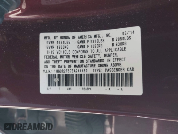2014 Honda Accord Sport with VIN 1HGCR2F57EA244460, listed as a IAAI auction lot 42057412 with 214,441 mi miles and . Bid and sale history available at carsss.com. Image 9.