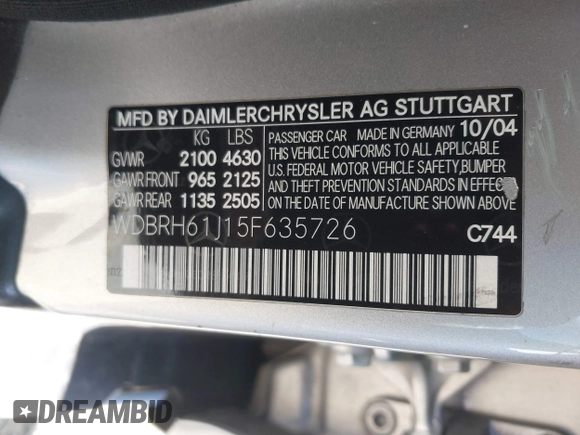 2005 Mercedes-Benz C 240 with VIN WDBRH61J15F635726, listed as a IAAI auction lot 41887674 with 200,766 mi miles and . Bid and sale history available at DreamBid. Image 9.