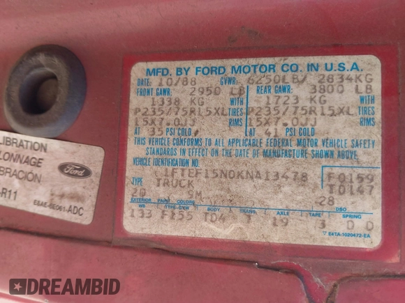 1989 Ford F-150 z VIN 1FTEF15N0KNA13478, wystawiony jako IAAI lot #41813627 z przebiegiem 414 233 mil mil oraz . Historia ofert i sprzedaży dostępna na DreamBid. Obrazek 9.