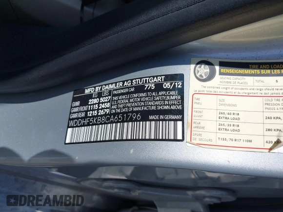 2012 Mercedes-Benz E 350 Luxury with VIN WDDHF5KB8CA651796, listed as a IAAI auction lot 42154019 with 143,944 mi miles and . Bid and sale history available at DreamBid. Image 9.