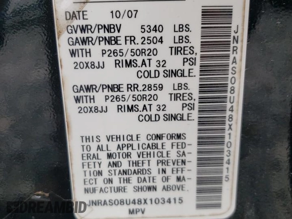 2008 Infiniti FX35 with VIN JNRAS08U48X103415, listed as a Copart auction lot 69342684 with 184,926 mi miles and Salvage Title. Bid and sale history available at carsss.com. Image 13.