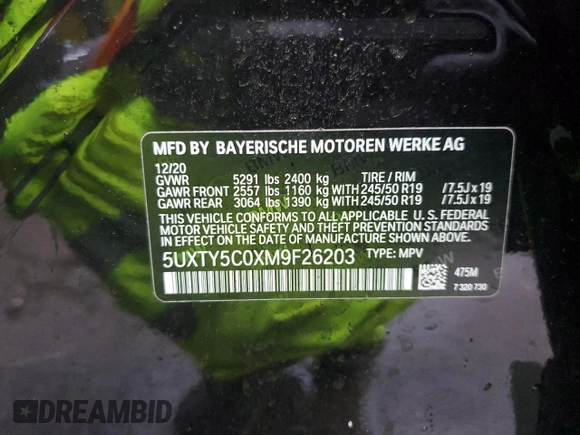 2021 BMW X3 xDrive30i with VIN 5UXTY5C0XM9F26203, listed as a Copart auction lot 44698984 with 37,923 mi miles and Non Repairable. Bid and sale history available at DreamBid. Image 13.