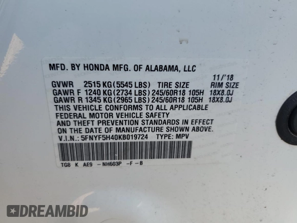 2019 Honda Pilot EX-L with VIN 5FNYF5H40KB019724, listed as a Copart auction lot 81987244 with 117,406 mi miles and Salvage title. Bid and sale history available at DreamBid. Image 14.