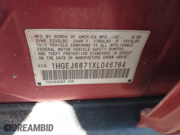 1999 Honda Civic LX with VIN 1HGEJ6671XL046764, listed as a IAAI auction lot 42055408 with 208,308 mi miles. Bid and sale history available at carsss.com. Image 9.