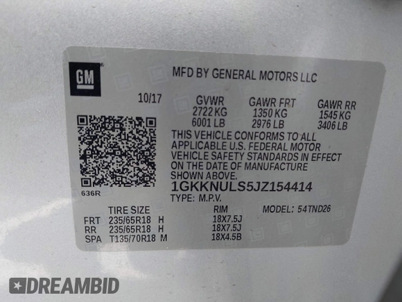 2018 GMC Acadia SLT with VIN 1GKKNULS5JZ154414, listed as a IAAI auction lot 42295291 with 129,963 mi miles and . Bid and sale history available at DreamBid. Image 9.