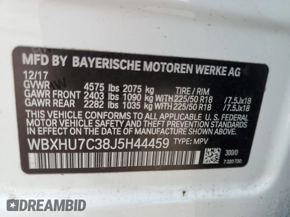 2018 BMW X1 sDrive28i with VIN WBXHU7C38J5H44459, listed as a Copart auction lot 49107553 with 96,494 mi miles and . Bid and sale history available at DreamBid. Image 15.