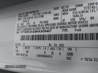2019 Ford Transit with VIN 1FTBW3XG6KKA58407, listed as a IAAI auction lot 41790652 with 175,288 mi miles and . Bid and sale history available at DreamBid. Image 9.