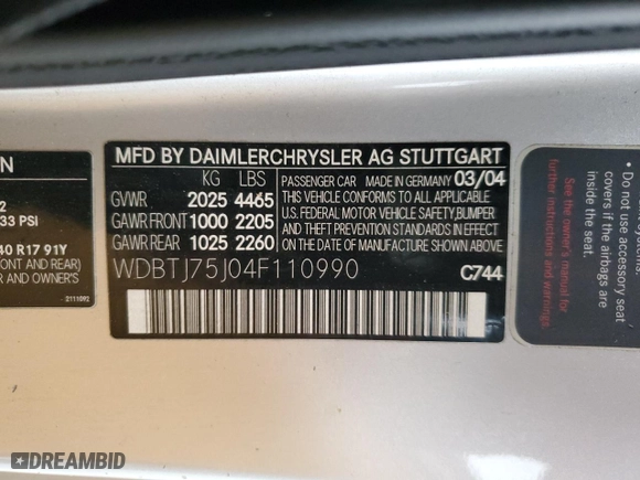 2004 Mercedes-Benz CLK-Class 5.0L with VIN WDBTJ75J04F110990, listed as a Copart auction lot 85511414 with 251,096 mi miles and Salvage Title. Bid and sale history available at carsss.com. Image 12.