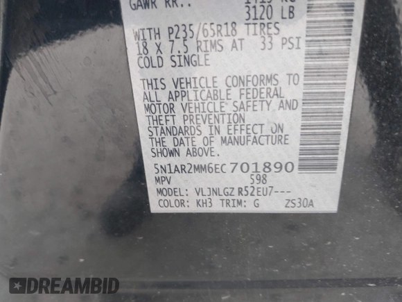 2014 Nissan Pathfinder S with VIN 5N1AR2MM6EC701890, listed as a IAAI auction lot 42280836 with 132,479 mi miles and . Bid and sale history available at DreamBid. Image 9.