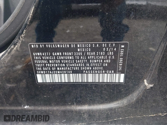2014 Volkswagen Jetta SE with VIN 3VWD17AJ2EM428149, listed as a IAAI auction lot 42684150 with 206,924 mi miles and . Bid and sale history available at DreamBid. Image 9.