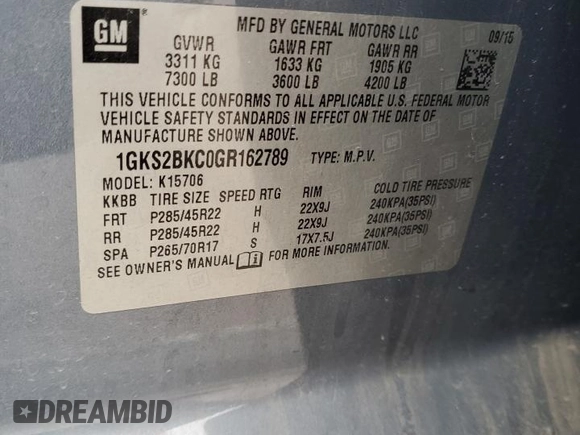 2016 GMC Yukon SLT z VIN 1GKS2BKC0GR162789, wystawiony jako Copart lot #51579075 z przebiegiem 159 823 mil mil oraz Szkoda całkowita • Salvage title. Historia ofert i sprzedaży dostępna na DreamBid. Obrazek 15.