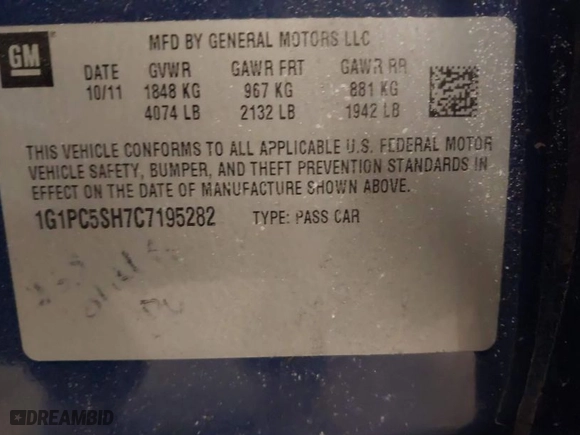2012 Chevrolet Cruze LS with VIN 1G1PC5SH7C7195282, listed as a IAAI auction lot 41987232 with 150,108 mi miles. Bid and sale history available at carsss.com. Image 9.
