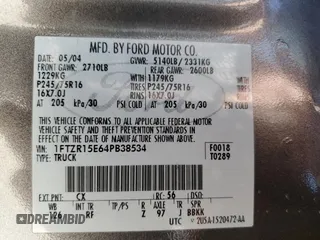 2004 Ford Ranger XL Fleet с VIN 1FTZR15E64PB38534, выставлен на аукционе Copart как лот 57892515 с пробегом 220 231 миль миль и Списание • Salvage title. История ставок и продаж доступна на DreamBid. Изображение 12.