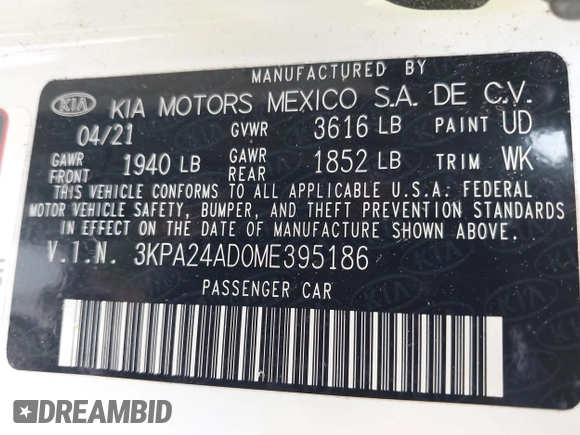 2021 Kia Rio LX with VIN 3KPA24AD0ME395186, listed as a IAAI auction lot 41865802 with 52,351 mi miles and . Bid and sale history available at DreamBid. Image 9.