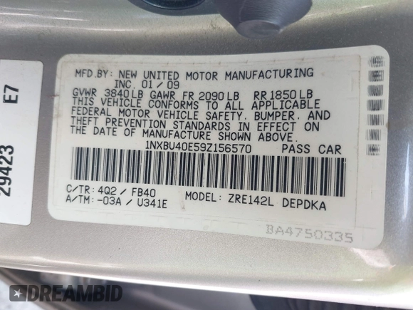 2009 Toyota Corolla with VIN 1NXBU40E59Z156570, listed as a IAAI auction lot 42417219 with 157,388 mi miles and . Bid and sale history available at DreamBid. Image 9.