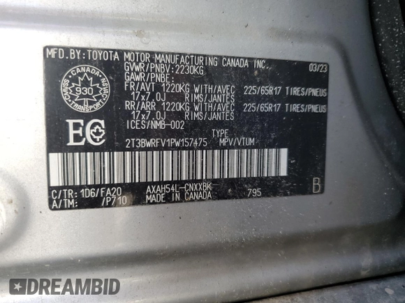 2023 Toyota RAV4 Hybrid XLE Premium with VIN 2T3BWRFV1PW157475, listed as a Copart auction lot 73371224 with 52,412 mi miles and Salvage title. Bid and sale history available at DreamBid. Image 14.