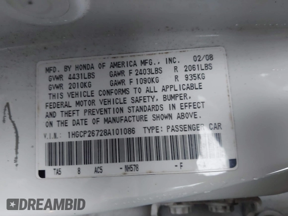 2008 Honda Accord EX with VIN 1HGCP26728A101086, listed as a IAAI auction lot 41996054 with 250,724 mi miles and . Bid and sale history available at DreamBid. Image 9.