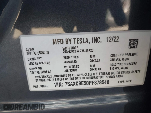 2023 Tesla Model X with VIN 7SAXCBE50PF378548, listed as a IAAI auction lot 41698357 with Not Provided miles and . Bid and sale history available at DreamBid. Image 9.