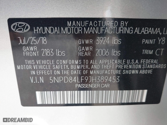 2018 Hyundai Elantra SEL with VIN 5NPD84LF9JH389453, listed as a IAAI auction lot 41961681 with 81,628 mi miles. Bid and sale history available at carsss.com. Image 9.