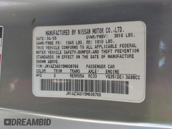2005 Nissan 350Z 35th Anniversary Edition z VIN JN1AZ34D15M608766, wystawiony jako IAAI lot #41852248 z przebiegiem 261 809 mil mil oraz . Historia ofert i sprzedaży dostępna na DreamBid. Obrazek 9.