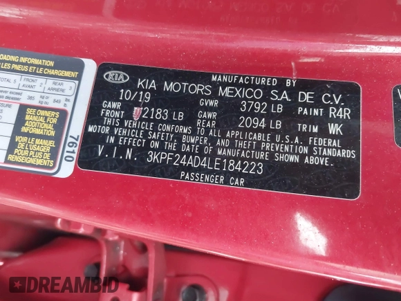 2020 Kia Forte LXS z VIN 3KPF24AD4LE184223, wystawiony jako IAAI lot #41564698 z przebiegiem 32 683 mil mil oraz . Historia ofert i sprzedaży dostępna na DreamBid. Obrazek 9.
