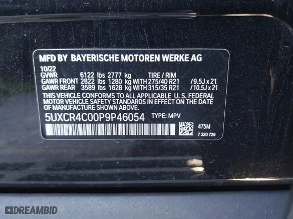 2023 BMW X5 sDrive40i with VIN 5UXCR4C00P9P46054, listed as a IAAI auction lot 41627025 with 20,152 mi miles. Bid and sale history available at carsss.com. Image 9.