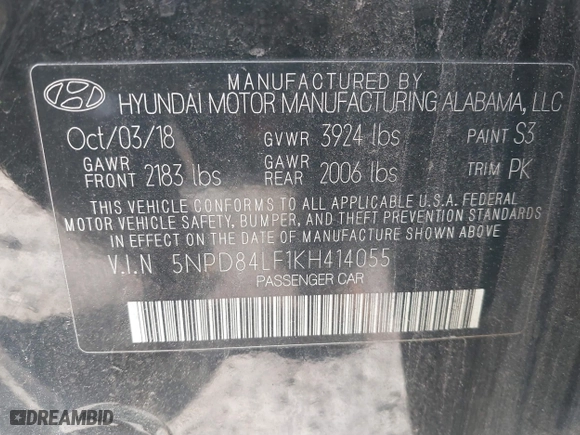 2019 Hyundai Elantra SEL with VIN 5NPD84LF1KH414055, listed as a IAAI auction lot 41705271 with 16,879 mi miles. Bid and sale history available at carsss.com. Image 9.
