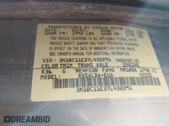 2007 Nissan Versa 1.8 SL with VIN 3N1BC11E37L432291, listed as a IAAI auction lot 41357144 with 136,039 mi miles. Bid and sale history available at carsss.com. Image 9.