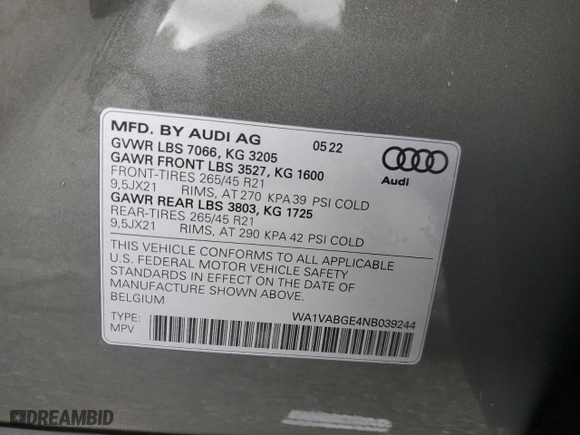 2022 Audi e-tron Chronos with VIN WA1VABGE4NB039244, listed as a Copart auction lot 49401054 with 22,300 mi miles. Bid and sale history available at carsss.com. Image 12.