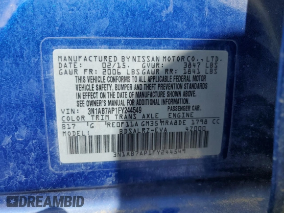 2015 Nissan Sentra SR with VIN 3N1AB7AP1FY244549, listed as a Copart auction lot 56148205 with 210,323 mi miles and Clean Title. Bid and sale history available at DreamBid. Image 12.