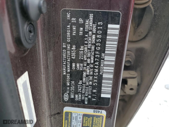 2015 Kia Optima LX with VIN 5XXGM4A73FG358013, listed as a Copart auction lot 82112314 with 135,264 mi miles and Salvage Title. Bid and sale history available at carsss.com. Image 12.