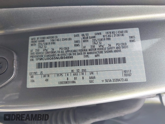 2022 Ford Escape SE with VIN 1FMCU0G65NUB54890, listed as a IAAI auction lot 42434980 with 25,991 mi miles and . Bid and sale history available at DreamBid. Image 9.