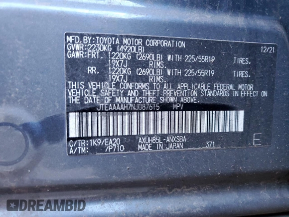 2022 Toyota Venza LE with VIN JTEAAAAH7NJ087615, listed as a Copart auction lot 73133404 with 26,552 mi miles and Salvage Title. Bid and sale history available at carsss.com. Image 12.
