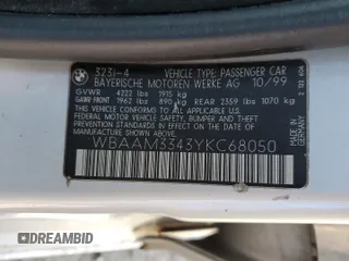 2000 BMW 3 Series 323i with VIN WBAAM3343YKC68050, listed as a Copart auction lot 46051345 with 137,890 mi miles and Salvage title. Bid and sale history available at DreamBid. Image 12.
