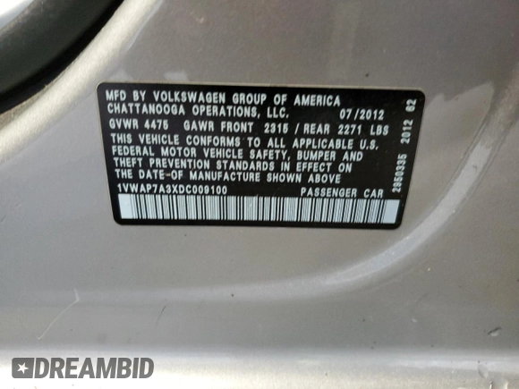 2013 Volkswagen Passat Wolfsburg Edition with VIN 1VWAP7A3XDC009100, listed as a Copart auction lot 89315075 with 143,125 mi miles and Salvage Title. Bid and sale history available at carsss.com. Image 13.
