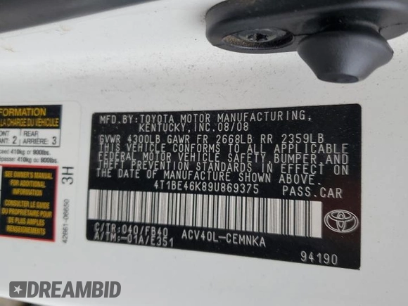2009 Toyota Camry with VIN 4T1BE46K89U869375, listed as a Copart auction lot 54914365 with 117,478 mi miles and Salvage Title. Bid and sale history available at carsss.com. Image 13.