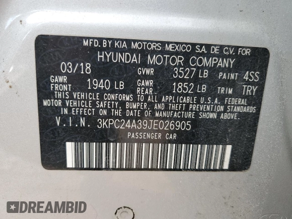 2018 Hyundai Accent SEL with VIN 3KPC24A39JE026905, listed as a Copart auction lot 43460564 with 120,657 mi miles. Bid and sale history available at carsss.com. Image 12.