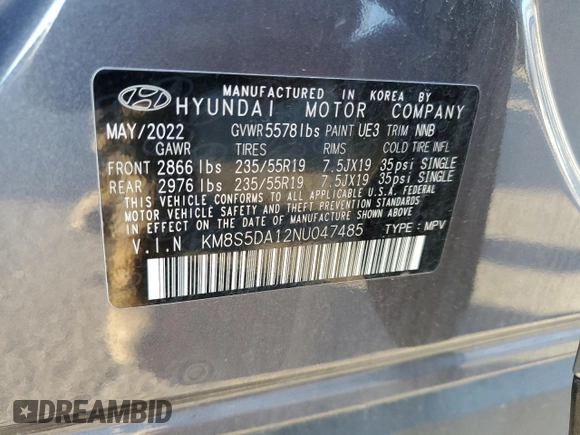 2022 Hyundai Santa Fe Hybrid Limited with VIN KM8S5DA12NU047485, listed as a Copart auction lot 80131314 with 43,498 mi miles and Salvage Title. Bid and sale history available at carsss.com. Image 13.