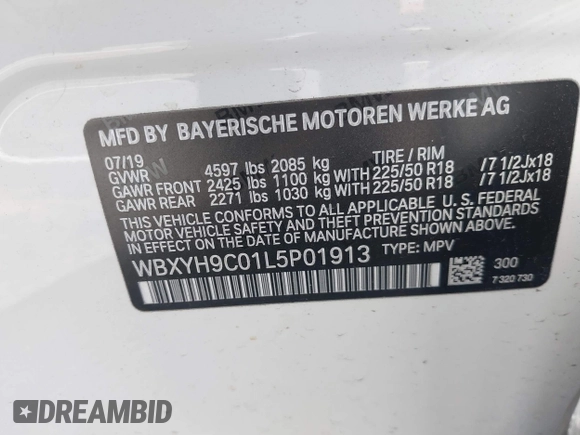 2020 BMW X2 sDrive28i with VIN WBXYH9C01L5P01913, listed as a IAAI auction lot 41591563 with 65,271 mi miles. Bid and sale history available at carsss.com. Image 9.