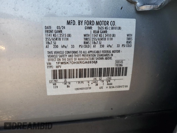 2024 Ford Explorer XLT with VIN 1FMSK7DHXRGA69368, listed as a Copart auction lot 49709375 with 0 mi miles and Non Repairable. Bid and sale history available at carsss.com. Image 14.