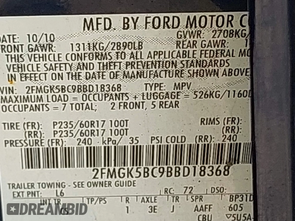 2011 Ford Flex SE with VIN 2FMGK5BC9BBD18368, listed as a IAAI auction lot 41989462 with 140,415 mi miles. Bid and sale history available at carsss.com. Image 9.