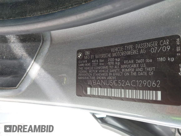 2010 BMW 5 Series 528i with VIN WBANU5C52AC129062, listed as a IAAI auction lot 42087362 with 200,403 mi miles and . Bid and sale history available at carsss.com. Image 9.