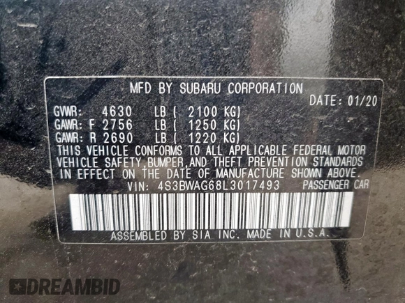 2020 Subaru Legacy Special Sports with VIN 4S3BWAG68L3017493, listed as a Copart auction lot 60677365 with 69,735 mi miles and Salvage title. Bid and sale history available at DreamBid. Image 12.