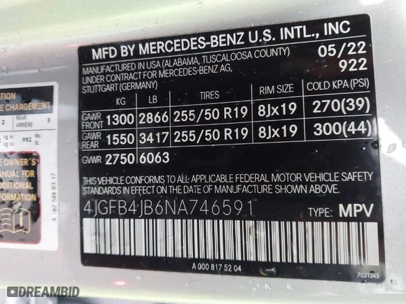 2022 Mercedes-Benz GLE with VIN 4JGFB4JB6NA746591, listed as a IAAI auction lot 41734611 with 19,697 mi miles. Bid and sale history available at carsss.com. Image 9.