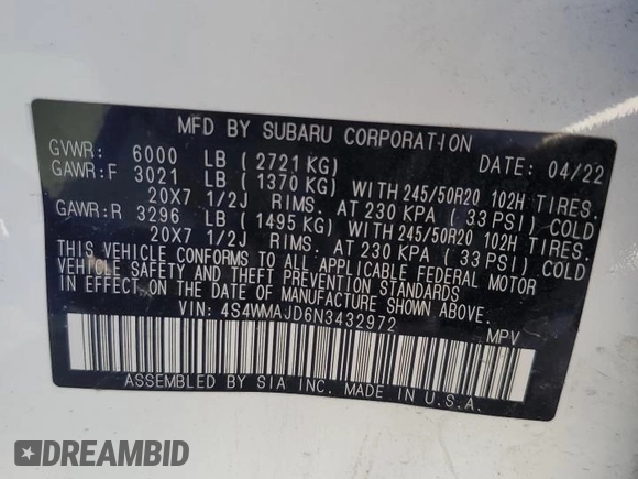 2022 Subaru Ascent Onyx z VIN 4S4WMAJD6N3432972, wystawiony jako Copart lot #56332765 z przebiegiem 53 789 mil mil oraz Szkoda całkowita • Salvage title. Historia ofert i sprzedaży dostępna na DreamBid. Obrazek 14.