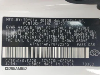 2023 Toyota Camry SE z VIN 4T1G11AK2PU722215, wystawiony jako Copart lot #58623895 z przebiegiem 39 968 mil mil oraz Szkoda całkowita • Salvage title. Historia ofert i sprzedaży dostępna na DreamBid. Obrazek 12.