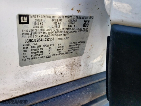 2018 Chevrolet Trax LT with VIN 3GNCJLSB4JL222353, listed as a Copart auction lot 48564895 with 48,132 mi miles and Salvage Title. Bid and sale history available at carsss.com. Image 13.
