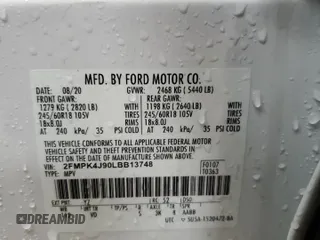 2020 Ford Edge SEL z VIN 2FMPK4J90LBB13748, wystawiony jako Copart lot #65687415 z przebiegiem 108 629 mil mil oraz Czysty tytuł • Clean title. Historia ofert i sprzedaży dostępna na DreamBid. Obrazek 13.