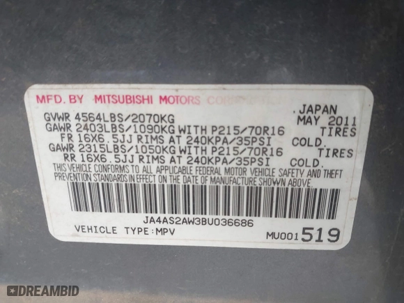 2011 Mitsubishi Outlander ES with VIN JA4AS2AW3BU036686, listed as a IAAI auction lot 41827674 with 141,868 mi miles. Bid and sale history available at carsss.com. Image 9.